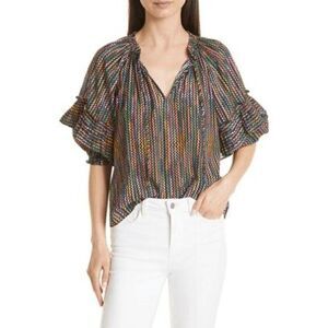 Ramy Brook Eugenia Rainbow Stripe Ruffled Cotton Blend Top Women's Size XS